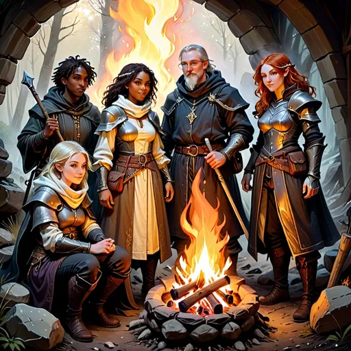 Prompt: A diverse adventuring party, bathed in the soft glow of a campfire. A noble paladin, a cunning rogue, a powerful wizard, and a compassionate cleric. Their varied races, body types, and genders are evident in their unique features and attire. The scene is rendered in the dynamic and evocative style of Rebecca Guay, with dramatic lighting and a sense of impending adventure.