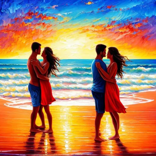 Prompt: Romantic sunset beach scene, oil painting, couple embracing on the shore, vibrant color palette, soft and warm lighting, high quality, oil painting, romantic, vibrant colors, sunset, embracing couple, beach scene, warm lighting