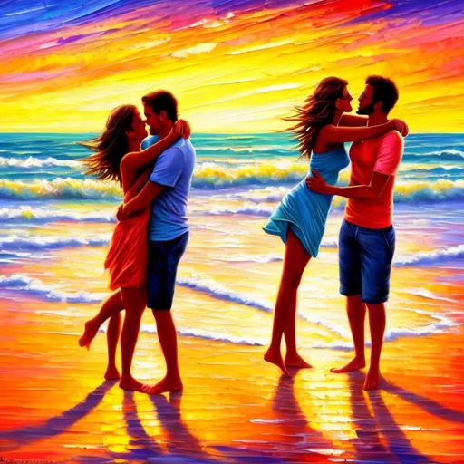 Prompt: Romantic sunset beach scene, oil painting, couple embracing on the shore, vibrant color palette, soft and warm lighting, high quality, oil painting, romantic, vibrant colors, sunset, embracing couple, beach scene, warm lighting
