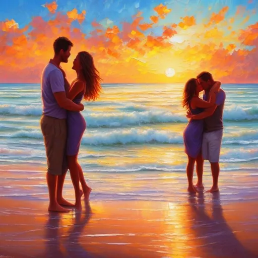 Prompt: Romantic sunset beach scene, oil painting, couple embracing on the shore, vibrant color palette, soft and warm lighting, high quality, oil painting, romantic, vibrant colors, sunset, embracing couple, beach scene, warm lighting