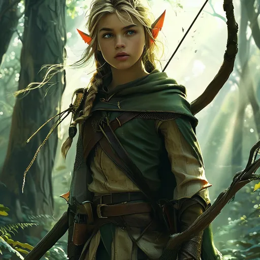 Prompt: Elf ranger in a mystical forest around sunlight