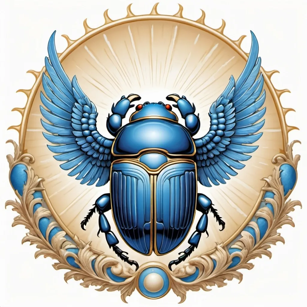 Prompt: A sky blue scarab pushing a sky blue sun into the sky on a white background done as a heraldic crest
