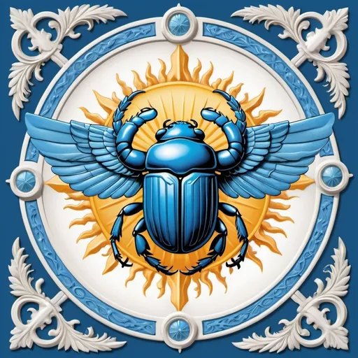 Prompt: Heraldic crest featuring (a sky blue scarab) dynamically pushing (a sky blue sun) into the sky, all set against (a clean white background), intricate details, (traditional heraldic style), high contrast, (symbolic and dramatic), vibrant colors, strong visual presence, (mythological elements).