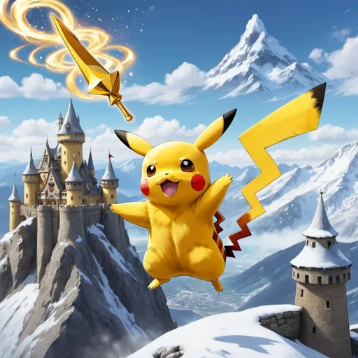 Prompt: A Pikachu dressed in a magical robe is soaring through the sky, waving a wand. The background features a snowy sky and a mountain castle