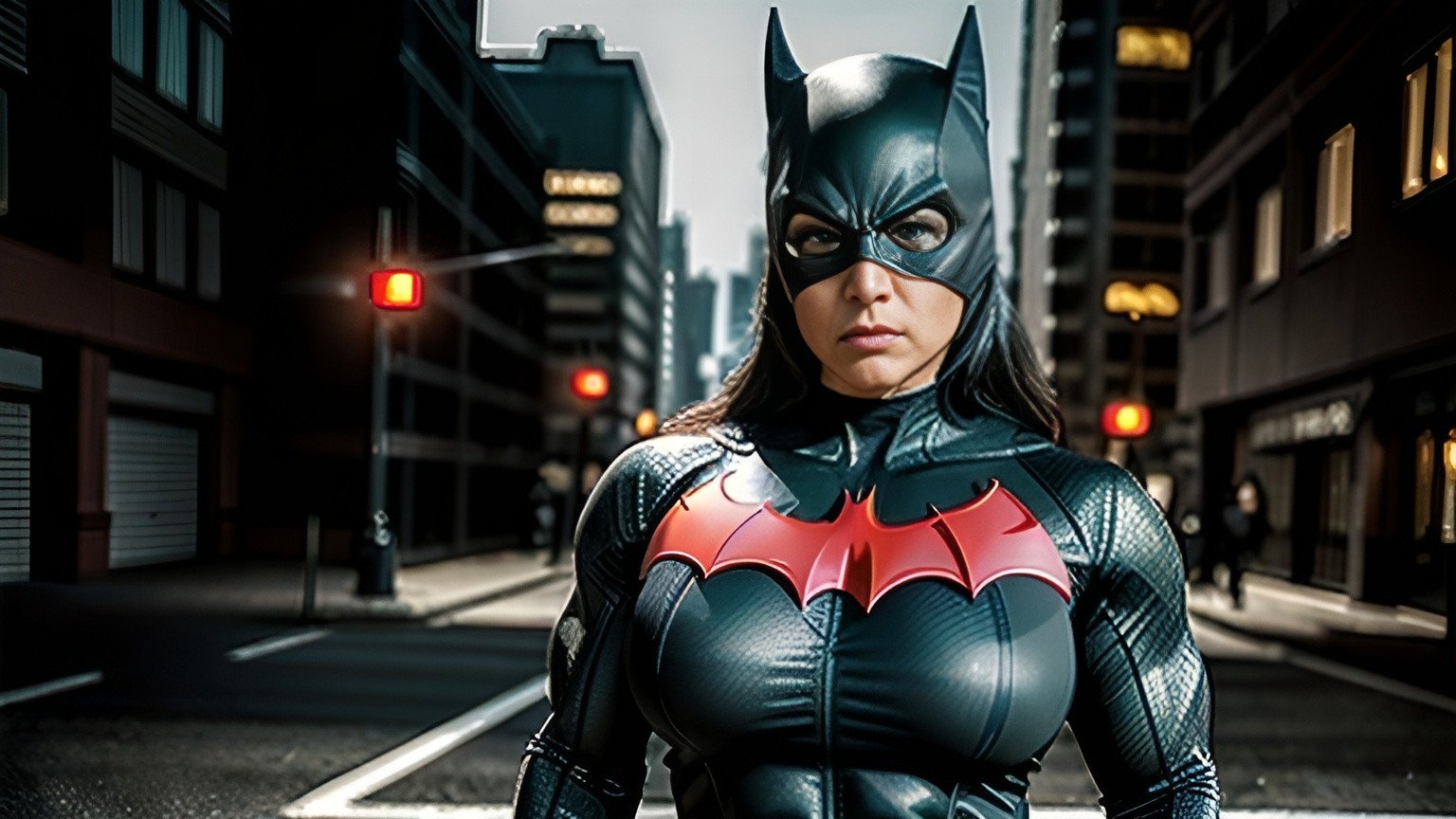 Prompt: Ultra realistic image of angry, muscular batwoman, age 40, wearing tight spandex costume, clenched fists, detailed, HD quality, full body, intense scowl, curvy physique, muscular arms, muscular thighs, realistic lighting, high contrast, professional, realistic details, high-res, superhero, intense expression, dark empty street background