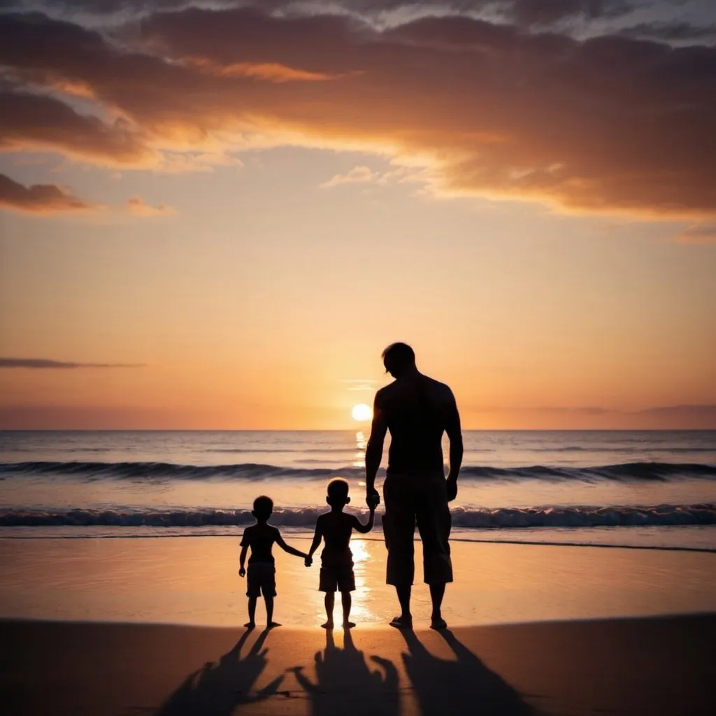 Prompt: Tattoo father and son silhouette in front of the beach at sunset
