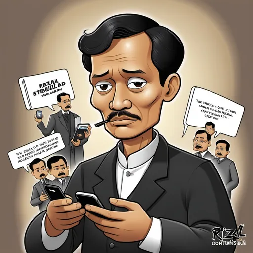 Prompt: Title: “Rizal’s Dream”
A cartoon depicting a modern-day Rizal holding a smartphone, looking puzzled at social media debates, with the caption: “The struggle continues!”