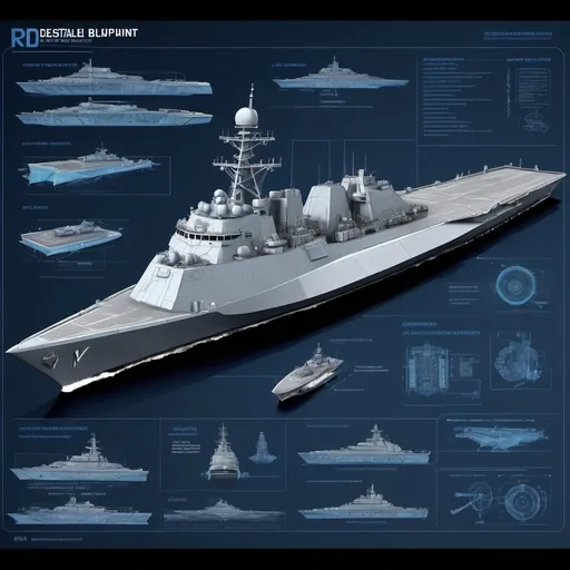 Prompt: (detailed blueprint concept design), futuristic Navy destroyer, precise lines and intricate details, military specifications, digital rendering, sleek and modern aesthetics, blue and gray color palette, high-tech features and weaponry, architectural overlay, composite materials highlighted, ultra-detailed schematics, visually captivating presentation, professional and innovative design style, HD quality, emphasizing engineering excellence, sophisticated naval design.