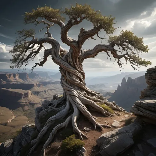 Prompt: A twisted, weathered old tree clings to a crumbling rocky cliff face with wildly gyrating roots grasping at the terrain to maintain its hold atop its perch overlooking the lands below.