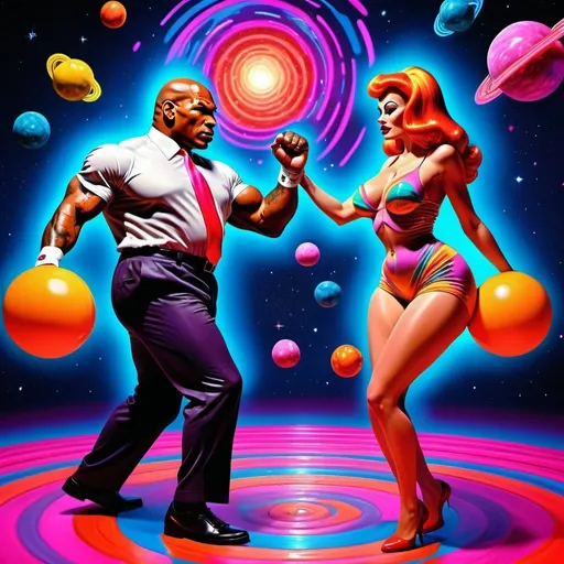 Prompt: Psychedelic space travel art of Mike Tyson and Donald Trump playing double Dutch with Jessica Rabbit, vibrant and surreal colors, 3D rendering, cosmic background with swirling galaxies, exaggerated features, neon lights, whimsical and exaggerated characters, high quality, vibrant colors, surreal, cosmic, 3D rendering, psychedelic, exaggerated features, neon lights, double Dutch, whimsical, surreal lighting
