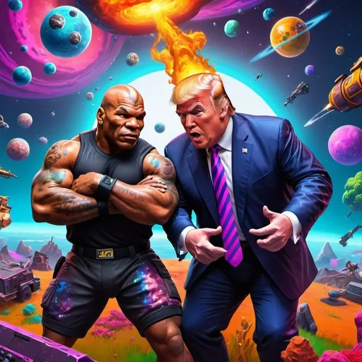 Prompt: Psychedelic space travel art of Mike Tyson and Donald Trump playing Fortnite, vibrant cosmic colors, surreal and otherworldly atmosphere, 3D rendering, detailed facial features, high-quality, psychedelic, surreal, vibrant cosmic colors, space travel, 3D rendering, Fortnite, detailed facial features, professional, dynamic lighting