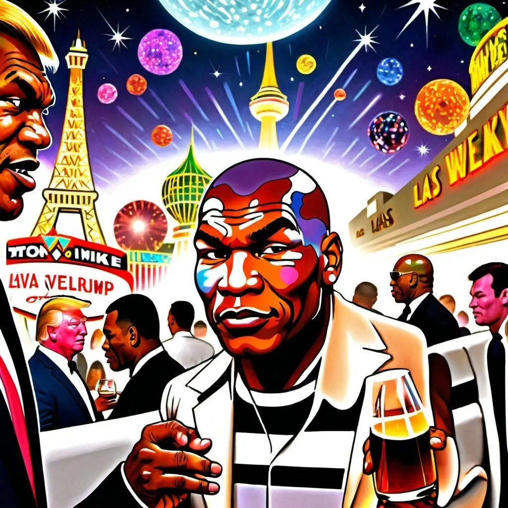 Prompt: psychedelic space travel style art of Mike Tyson and Donald Trump Partying in Las Vegas 