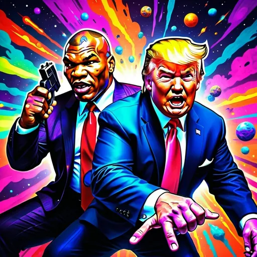 Prompt: Psychedelic space travel art of Mike Tyson and Donald Trump playing Fortnite, digital painting, vibrant colors, chaotic composition, high energy, trippy visuals, explosive patterns, cosmic background, warp speed effect, hyperrealistic details, neon tones, dynamic lighting, best quality, digital art, psychedelic, vibrant colors, chaotic composition, high energy, cosmic background, hyperrealistic, neon tones, dynamic lighting