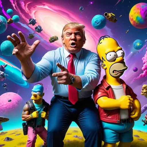 Prompt: Psychedelic space travel art of Mike Tyson and Donald Trump and homer simpson playing Fortnite, vibrant cosmic colors, surreal and otherworldly atmosphere, 3D rendering, detailed facial features, high-quality, psychedelic, surreal, vibrant cosmic colors, space travel, 3D rendering, Fortnite, detailed facial features, professional, dynamic lighting