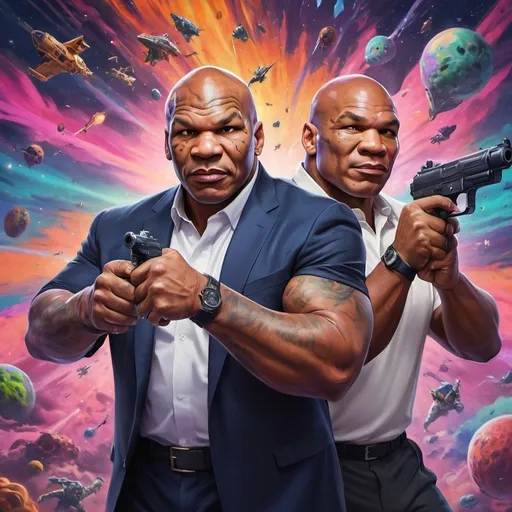 Prompt: Psychedelic space travel art of Mike Tyson and Donald Trump playing Fortnite, digital painting, vibrant colors, chaotic composition, high energy, trippy visuals, explosive patterns, cosmic background, warp speed effect, hyperrealistic details, neon tones, dynamic lighting, best quality, digital art, psychedelic, vibrant colors, chaotic composition, high energy, cosmic background, hyperrealistic, neon tones, dynamic lighting