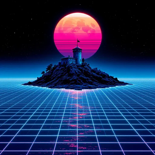 Prompt: depict a prison on an island make the ocean a synthwave style grid instead of water give it a synthwave type moon