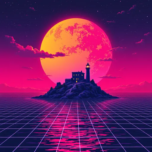 Prompt: depict a prison with a search light on an island make the ocean a synthwave style grid instead of water give it a synthwave type moon
