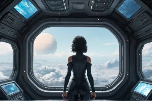 Prompt: Wide shot of a woman looking out the window of a space ship in a detailed sci-fi environment, anime style