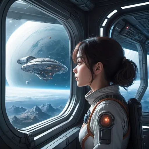 Prompt: A woman looking out the window of a space ship in a detailed sci-fi environment, anime style