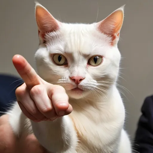 Prompt: Cat with human hand and fingers pointing at you meme