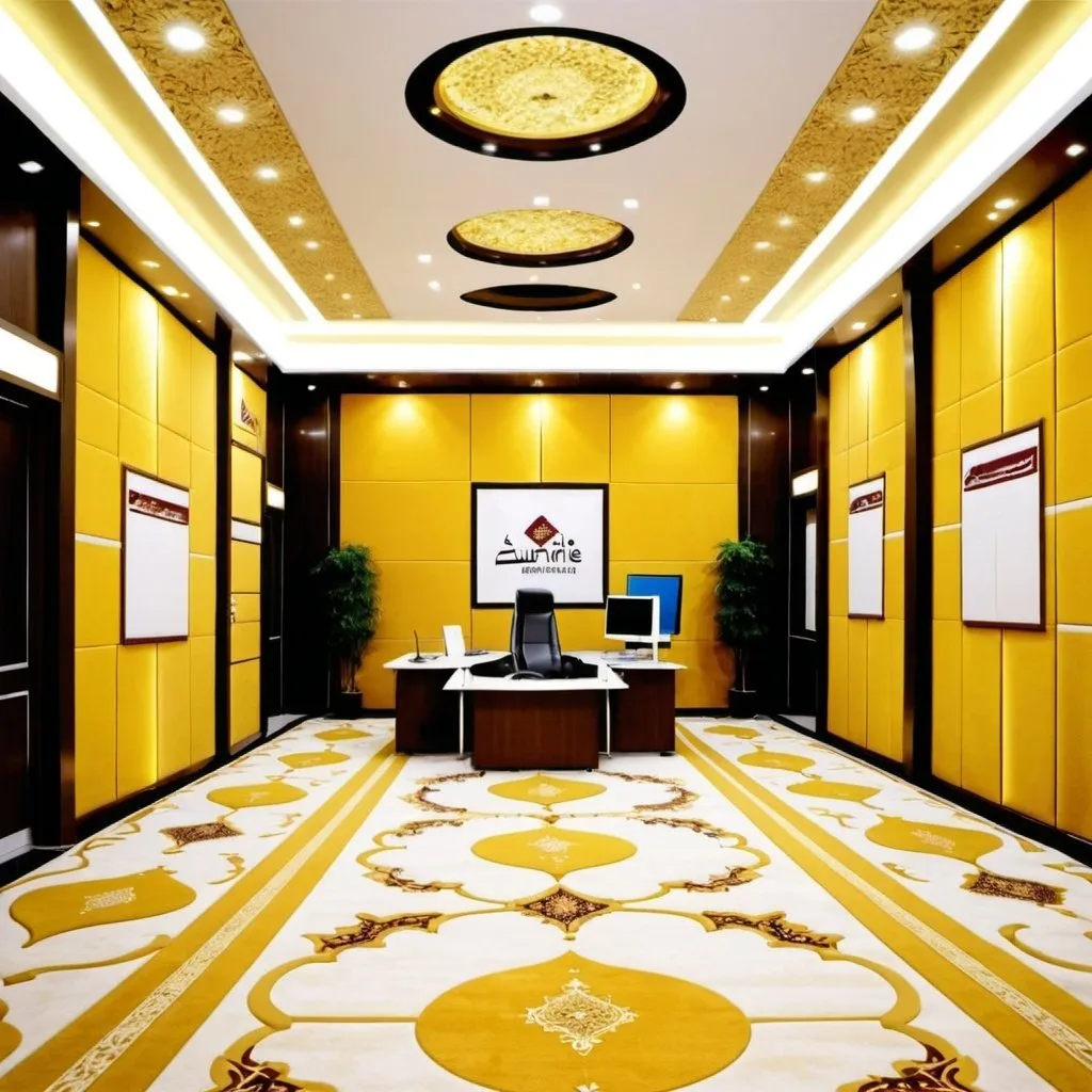 Prompt: A carpet exhibition in the name of Al-Suraie Furniture contains several rolls of different shapes and types of carpet tiles. The exhibition contains an office for administration and another office for accounts. It has one large door. The floor color is marble, tile 50*50, and the ceiling has yellow lighting strips.