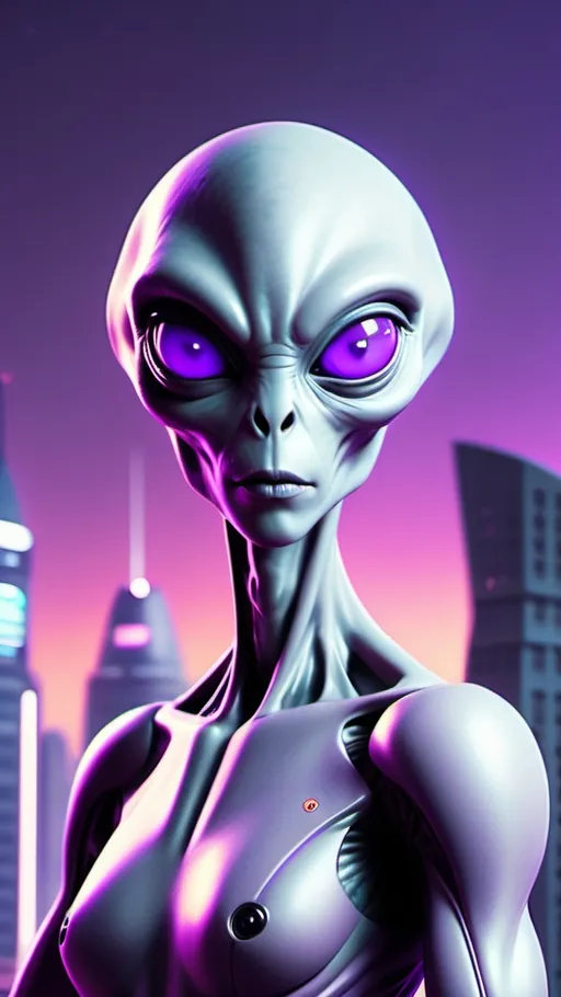 Prompt: A grey alien in a futuristic city background, with purple sky. Image has to be in the format adequate for a TikTok video cover.
