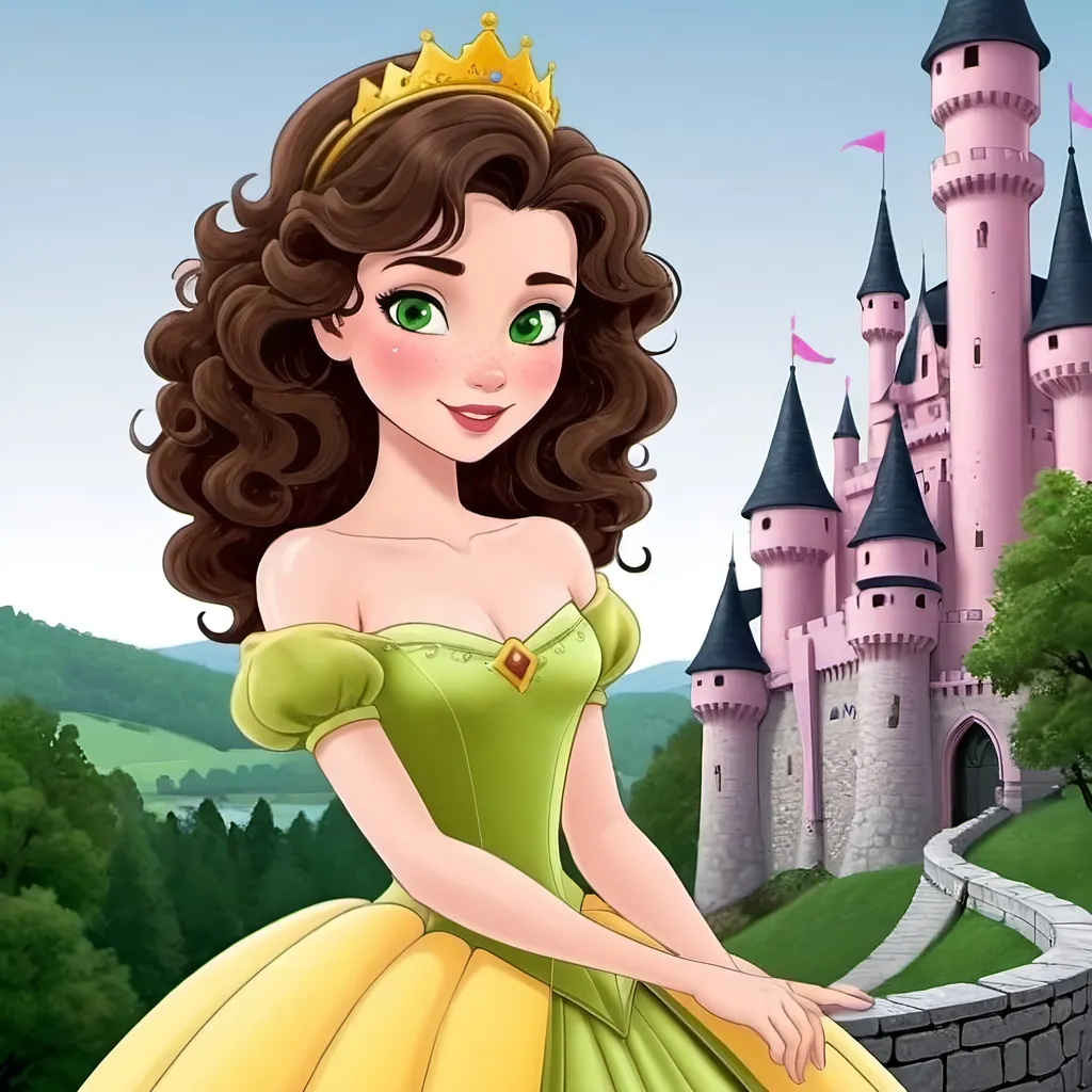 Prompt: White young woman curly dark brown hair with side swept bangs green eyes animated princess castle cute