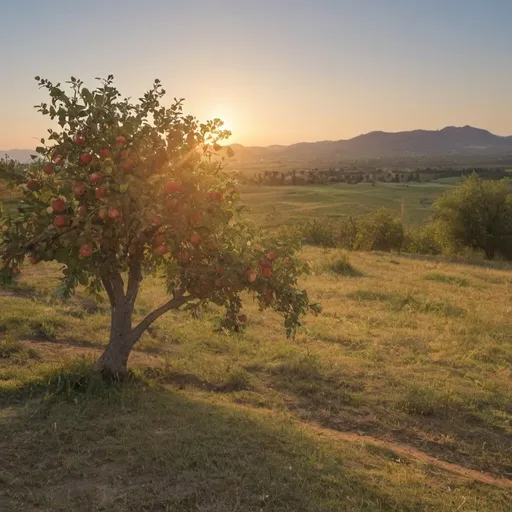 Prompt: sunny summer in the morning, the sun rises from the desert's hill, an Apple tree there.