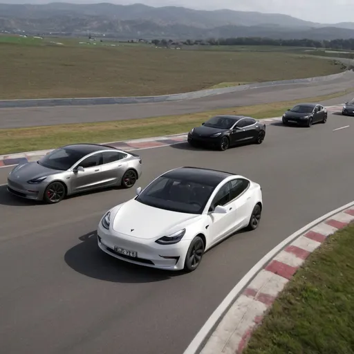 Prompt: Three Tesla Model 3 running on the road on F1.