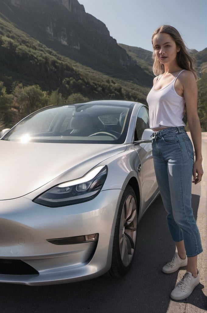 Prompt: A girl unclothing beside Tesla Model 3 running on the road on F1.