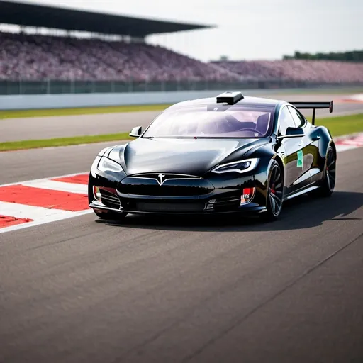 Prompt: A Tesla racing on F1 racing tracks