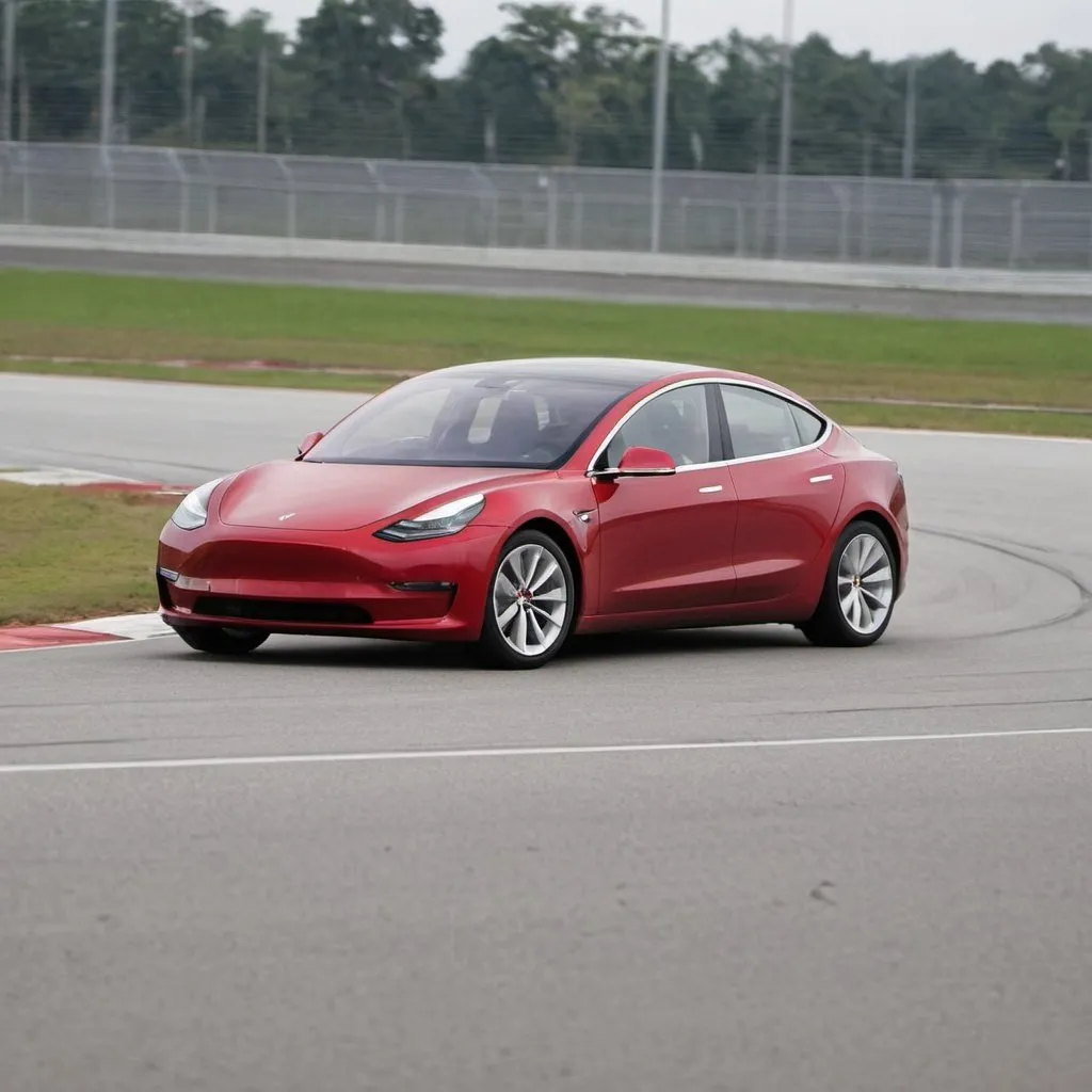 Prompt: Tesla Model 3 running on the road on Sepang International Circuit.