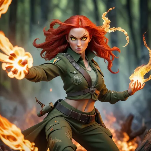 Prompt: "A hyper-realistic, ultra-detailed, ultra-wide fantasy photograph of a strong and powerful warrior wizard woman casting a blazing fireball spell. Her jet-black eyes are strikingly symmetrical and intense, while her wild, flowing, flaming red hair whips around her dramatically. She wears a rugged yet tactical green camo-colored army uniform, blending modern military aesthetics with arcane mysticism. The scene captures exquisite detail, showcasing her full body in a full-length frame with a dynamic stance. The environment is bathed in cinematic lighting, with diffused soft glows and piercing highlights. A shallow depth of field enhances the sharp focus on her determined expression and the fiery energy radiating from her spell. The hyperrealistic rendering ensures an insanely detailed, vibrant, and high-definition composition, rich with embellishments that bring the scene to life in breathtaking realism.