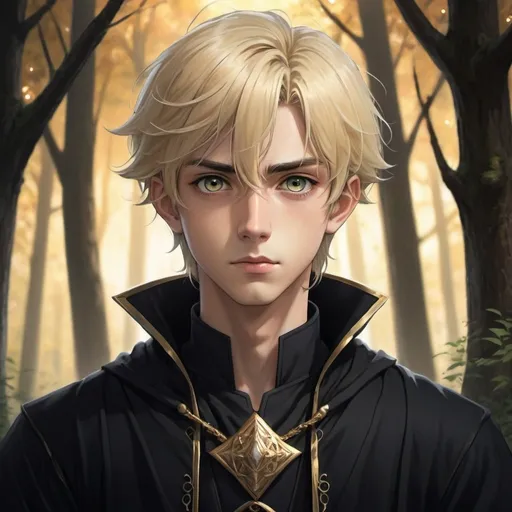 Prompt: Anime illustration of a young male wizard in fine black clothes, looking up slightly, facing forward, unarmed, detailed face, gold eyes, slim, short, pretty, blonde hair, staff, dark forest background, detailed eyes, detailed face, feminine, heroic, atmospheric lighting, detailed, warm tones, highres, ultra-detailed, anime, fantasy, short hair