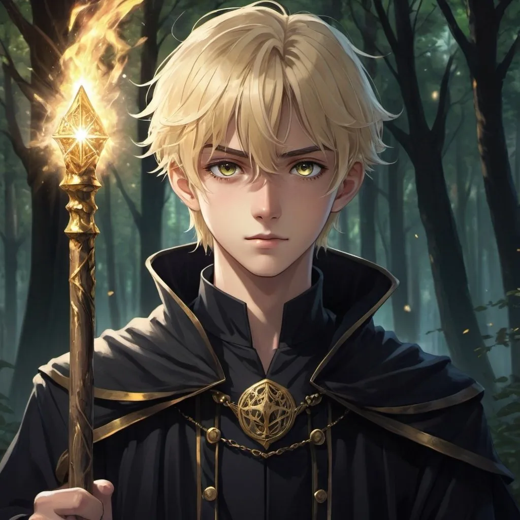 Prompt: Anime illustration of a young male wizard in fine black clothes, detailed face, gold eyes, slim, short, pretty, blonde hair, staff, dark forest background, detailed eyes, detailed face, feminine, heroic, atmospheric lighting, detailed, warm tones, highres, ultra-detailed, anime, fantasy, short hair