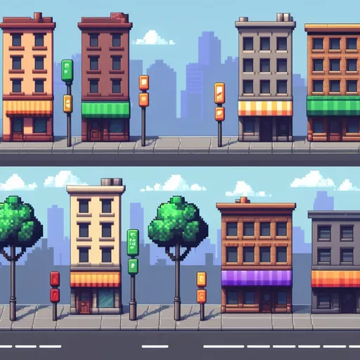 Prompt: Crie para mim assets em pixel art para um fundo de rua, rua reta da esquerda para direita