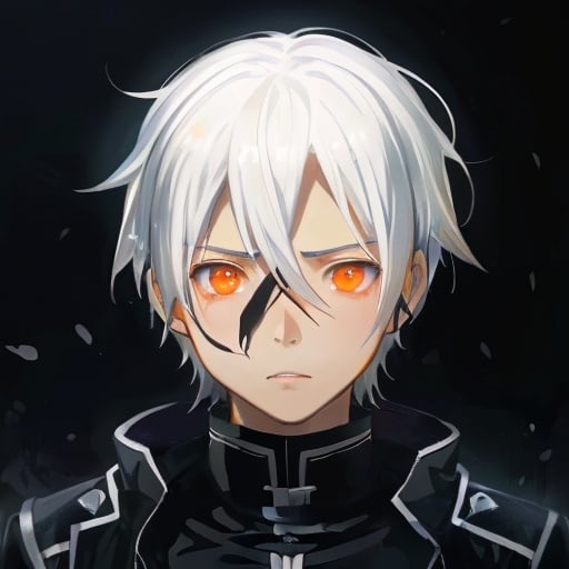 Prompt: A hyper-realistic and dark portrait of Kirito from Sword Art Online with white hair and a orange eyes