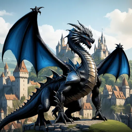 Prompt: a detailed dragon with armor, black and blue wings and a tail, with a castle in the distance with a small village in the background, dragon art, concept art