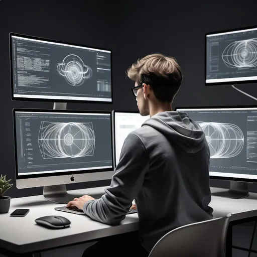 Prompt: "A professional man a UI/UX designer working on a laptop with double screen monitor, viewed from the back. The focus is on the boy's upper body and hands typing on the laptop, with visible design elements like wireframes or design tools on the laptop screen. The scene has no background, creating a clean, isolated look with only the boy and the laptop in focus.", "size": "1024x1024" realistic 