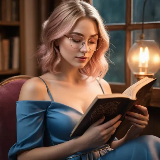Prompt: Curvy fae woman, shoulder length blond hair, thin rose gold framed glasses, reading a book, high quality, realistic, contemporary, warm tones, soft lighting, detailed facial features, cozy atmosphere, blue dress, fantasy 