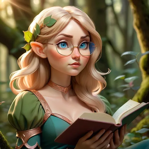 Prompt: Curvy elf ranger in mystical forest, blond shoulder-length hair, blue eyes, rose gold thin frame glasses, green dress, book reading, sunlight, mystical, ethereal, detailed, highres, fantasy, woodland, detailed hair, professional, atmospheric lighting, soft and warm tones