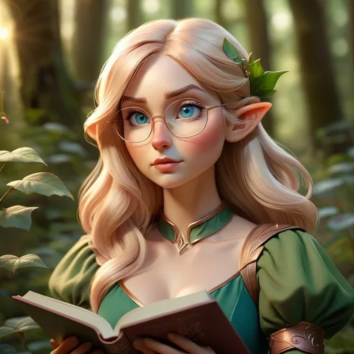 Prompt: Curvy elf ranger in mystical forest, blond shoulder-length hair, blue eyes, rose gold thin frame glasses, green dress, book reading, sunlight, mystical, ethereal, detailed, highres, fantasy, woodland, detailed hair, professional, atmospheric lighting, soft and warm tones