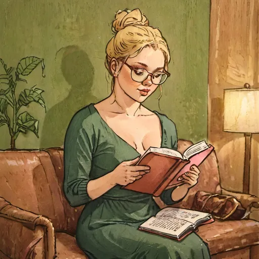 Prompt: Curvy woman, shoulder length blond hair, thin rose gold framed glasses, reading a book, high quality, realistic, contemporary, warm tones, soft lighting, detailed facial features, cozy atmosphere, green dress