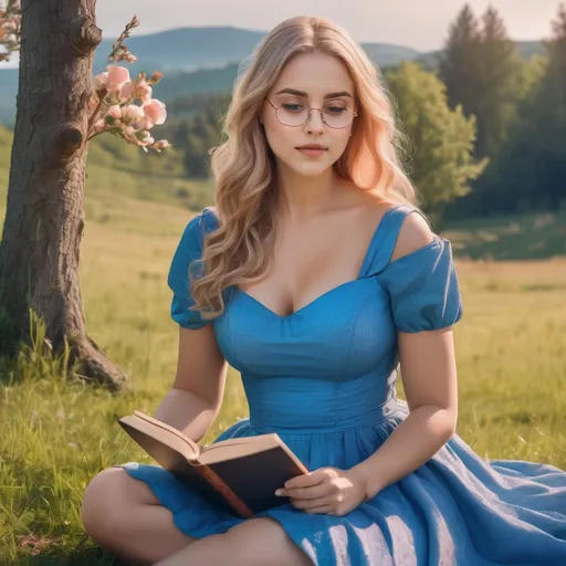 Prompt: Curvy woman, blonde shoulder-length hair, rose gold thin framed glasses, reading a book, sitting against a tree in a meadow, fantasy, daytime, springtime, wearing a blue dress, detailed features, highres, fantasy, vibrant, natural lighting, lush greenery, atmospheric, serene