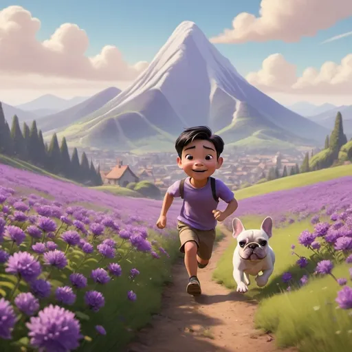 Prompt: Still in Disney pixar style create a little Asian boy running in a field of purple flowers up a hill with a mountain in front of him with a small french bulldog running behind him 