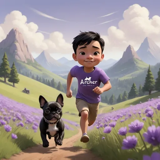 Prompt: Still in Disney pixar style create a little Asian boy running in a field of purple flowers up a hill with a mountain in front of him with a small black and brown french bulldog running with him.  Put the name "ARCHER" on the front of his shirt.