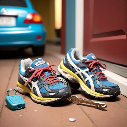 Prompt: disney pixar style.  a pair of dirty Asics running shoes. A set of car keys.  by the back door. dof.