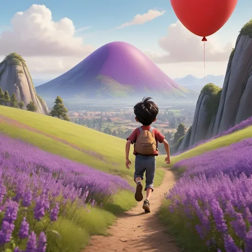 Prompt: Still in Disney pixar style create a little Asian boy running in a field of purple flowers up a hill with a mountain in front of him looking back smiling with a big red balloon 