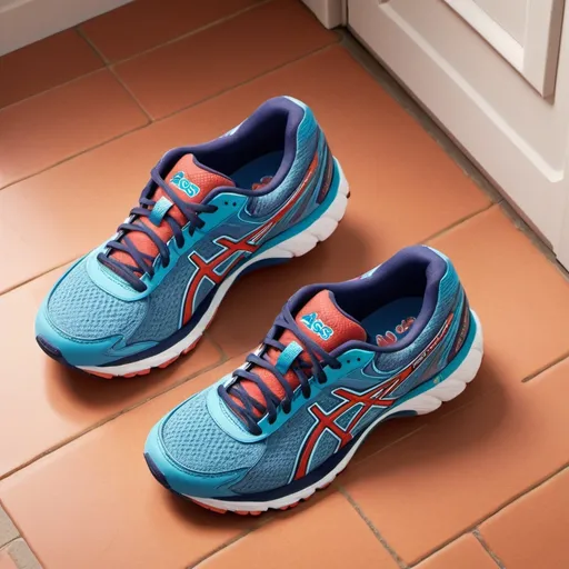 Prompt: disney pixar style.  a pair of Asics running shoes.  on a doormat.  