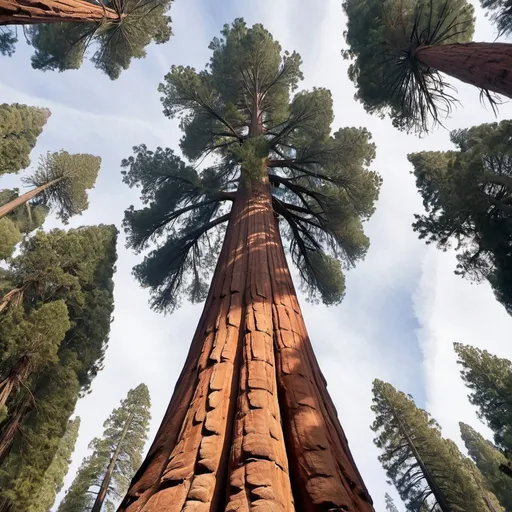 Prompt: sequoia tree from the bottom looking to the sky.  Disney pixar style.